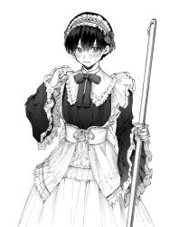 Rule 34 | 1boy, blush, bow, bowtie, corset, crossdressing, dress, eyes visible through hair, fingernails, frilled sleeves, frills, greyscale, hair between eyes, highres, holding, izumi yuuki (kawaii dake ja nai), kawaii dake ja nai shikimori-san, long sleeves, maid, maid headdress, maki keigo, male focus, monochrome, original, simple background, solo, white background, wide sleeves