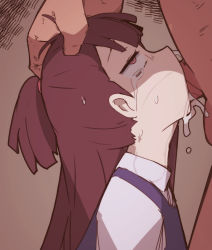 Rule 34 | 1boy, 1girl, clothed female nude male, cum, cum in mouth, cumdrip, deepthroat, ejaculation, eyebrows, fellatio, half-closed eyes, hand on another&#039;s head, hetero, higher resolution available, highres, irrumatio, kagari atsuko, little witch academia, long hair, nns (sobchan), nude, oral, tearing up, tears, throat bulge