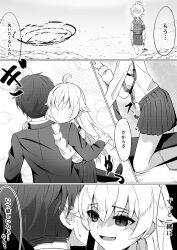 Rule 34 | 1boy, 1girl, 4koma, absurdres, aged down, ahoge, bags under eyes, blue archive, brode, collared shirt, comic, commentary request, fang, greyscale, halo, highres, hoshino (blue archive), hoshino (young) (blue archive), hug, kneeling, long sleeves, monochrome, narrowed eyes, pleated skirt, sensei (blue archive), shirt, short hair, skirt, sweatdrop, translation request, yandere