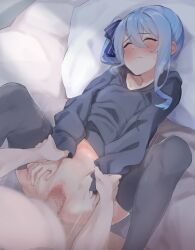 Rule 34 | 1boy, 1girl, bed sheet, blue hair, blush, bottomless, censored, closed eyes, clothed female nude male, from above, hetero, hololive, hood, hoodie, hoshimachi suisei, lying, mosaic censoring, motion blur, motion lines, nude, on back, penis, pussy, pussy juice, sex, shibata g ransu, side ponytail, sweat, thighhighs, vaginal, virtual youtuber