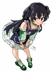 Rule 34 | 1girl, animate (company), apron, bare shoulders, black hair, blue apron, blunt bangs, brown eyes, closed mouth, footwear bow, from above, full body, highres, idolmaster, idolmaster shiny colors, kirikirimai (kkm), leaning forward, long hair, long sleeves, looking at viewer, mayuzumi fuyuko, simple background, sketch, smile, solo, two side up, white background