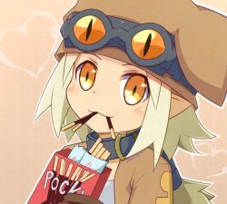 Rule 34 | 1girl, blonde hair, brown hat, choker, disgaea, doria (p f dolia), food, food in mouth, gloves, goggles, goggles on head, hat, heart, jacket, long hair, looking at viewer, mouth hold, orange background, pocky, pocky day, pointy ears, smile, solo, thief (disgaea), upper body, yellow eyes