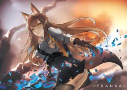 Rule 34 | 1girl, animal ears, arknights, ass, belt, black thighhighs, breasts, brown gloves, brown hair, butt crack, elbow gloves, fox ears, fox girl, fox tail, franka (arknights), gloves, hair between eyes, holding, holding sword, holding weapon, kuhnowushi, long hair, looking at viewer, orange eyes, panties, scabbard, sheath, shirt, skirt, solo, sword, tail, tearing clothes, thighhighs, torn clothes, underwear, weapon