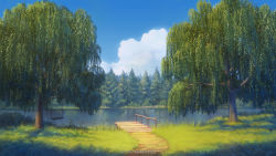 Rule 34 | blue sky, cloud, commentary request, dankalaning, day, dock, forest, grass, highres, lake, landscape, nature, no humans, original, plant, reeds, reflection, reflective water, scenery, shade, sky, sunlight, swing, tree