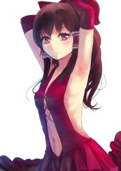 Rule 34 | 1girl, alternate costume, alternate eye color, armpits, arms up, blush, bow, breasts, brown hair, cleavage, clothing cutout, culter, dress, elbow gloves, expressionless, gloves, hair bow, hair ornament, hair ribbon, hair tubes, hakurei reimu, jpeg artifacts, looking at viewer, midriff, navel, navel cutout, pink eyes, red dress, red gloves, ribbon, ribs, simple background, sleeveless, small breasts, solo, touhou, upper body, white background