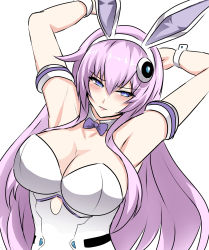 Rule 34 | 1girl, alternate breast size, animal ears, armpits, arms behind head, arms up, bare shoulders, blue eyes, blush, breasts, cleavage, detached collar, embarrassed, fake animal ears, hair between eyes, highres, large breasts, leotard, long hair, looking at viewer, neptune (series), pink hair, power symbol, power symbol-shaped pupils, purple hair, purple sister, rabbit ears, seshiro (which501), simple background, solo, symbol-shaped pupils, upper body, very long hair, white background, white leotard, wrist cuffs
