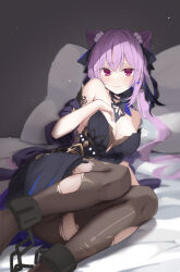 Rule 34 | 1girl, absurdres, bare shoulders, black pantyhose, black ribbon, blush, breasts, chain, chained, cleavage, closed mouth, furrowed brow, genshin impact, hair between eyes, highres, keqing (genshin impact), keqing (opulent splendor) (genshin impact), large breasts, long hair, looking at viewer, on bed, opm7760, pantyhose, pillow, purple eyes, red eyes, ribbon, shadow, sitting, solo, torn clothes, torn pantyhose