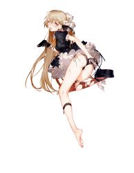 Rule 34 | 1girl, ass, black bow, black dress, black footwear, black gloves, black panties, black ribbon, bow, brown eyes, corset, dress, earrings, feet, frilled thighhighs, frills, full body, girls&#039; frontline, gloves, gun, hair ornament, hairclip, handgun, highres, holding, holding gun, holding weapon, horikwawataru, jewelry, leg up, light brown hair, looking at viewer, looking back, maid headdress, official art, open mouth, orange bow, orange ribbon, panties, platform footwear, pocket pistol, ppk (girls&#039; frontline), puffy short sleeves, puffy sleeves, ribbon, shoes, short sleeves, side-tie panties, single shoe, single thighhigh, solo, standing, standing on one leg, sweat, teeth, thighhighs, torn clothes, transparent background, underwear, walther, walther ppk, weapon, white bow, white ribbon, x hair ornament
