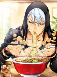 Rule 34 | 1boy, black hood, black sclera, black theme, bowl, chopsticks, collarbone, colored sclera, commentary request, drink, eating, food, food in mouth, furrowed brow, gold trim, hair between eyes, hands up, highres, holding, holding spoon, ice, ice cube, indoors, jojo no kimyou na bouken, looking away, looking down, meat, noodles, ooranokohaku, pink eyes, plant, potted plant, ramen, red eyes, risotto nero, shiny clothes, shiny skin, solo, spoon, straight-on, table, toned, toned male, upper body, white hair, wooden table