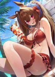 Rule 34 | 1girl, absurdres, animal ears, bikini, blue sky, breasts, bridal garter, brown hair, cloud, commentary, cup, daiwa scarlet (trifle vacation) (umamusume), daiwa scarlet (umamusume), day, dessert, food, frilled bikini, frills, hair intakes, hair ribbon, highres, holding, holding cup, horse ears, horse girl, horse tail, large breasts, long hair, looking at viewer, netural, ocean, official alternate costume, open mouth, outdoors, palm tree, red bikini, red eyes, red hair, red ribbon, revision, ribbon, sitting, sky, smile, solo, sorbet (food), swimsuit, symbol-only commentary, tail, tree, umamusume