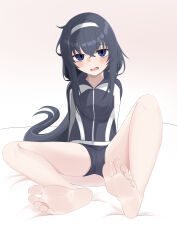 Rule 34 | 1girl, absurdres, arms behind back, barefoot, bed sheet, black hair, black shorts, blue archive, blue eyes, blush, commentary request, crossed bangs, embarrassed, feet, foreshortening, full body, gradient background, hairband, head tilt, highres, jacket, knee up, legs, long hair, looking at viewer, lts kakuyo, open mouth, pink background, ponytail, shadow, shiny skin, shorts, sitting, soles, solo, toes, track jacket, ui (blue archive), white background, white hairband