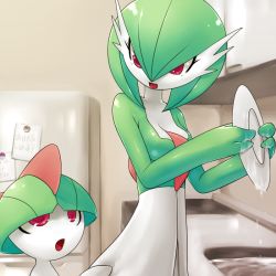 Rule 34 | 1boy, 1girl, angry, bad id, bad pixiv id, breasts, creatures (company), plate, dishwashing, game freak, gardevoir, gen 3 pokemon, holding, japanese text, kitchen, medium breasts, mother and son, nintendo, nme, open mouth, poke ball, poke ball theme, pokemon, pokemon (creature), ralts, red eyes, refrigerator, translated