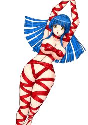 Rule 34 | 1girl, absurdres, arms up, bdsm, blue hair, bondage, bound, bow, breasts, cleavage, highres, large breasts, long hair, naked ribbon, original, red ribbon, ribbon, ribbon bondage, solo, underboob, yellow eyes, zilhouette