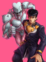 Rule 34 | 1boy, absurdres, anchor symbol, black hair, black jacket, buttons, clenched hand, commentary request, crazy diamond, earrings, fingernails, gakuran, glaring, grey eyes, heart, higashikata josuke, highres, jacket, jewelry, jojo no kimyou na bouken, kaib0y, long sleeves, looking at viewer, male focus, open mouth, peace symbol, pink background, pompadour, school uniform, shirt, short hair, simple background, solo, spikes, stand (jojo), yellow shirt