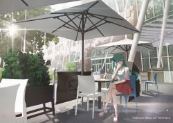 Rule 34 | 1girl, absurdly long hair, absurdres, anniversary, aqua eyes, aqua hair, artist name, artist request, blue eyes, blue hair, building, cake, chair, elbow on table, female focus, food, full body, hatsune miku, highres, long hair, looking at viewer, outdoors, red skirt, shirt, shoes, skirt, solo, table, tree, twintails, very long hair, vocaloid, white shirt, zhenyuann