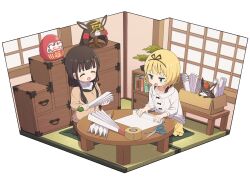 Rule 34 | 2girls, anko (gochiusa), aqua eyes, armor, black hairband, blonde hair, blunt bangs, bonsai, book, box, breasts, brown hair, brown skirt, brown sweater, buttons, cardboard box, chest of drawers, closed eyes, collarbone, commentary request, crown, cushion, daruma doll, folding, frilled shirt collar, frills, full body, gochuumon wa usagi desu ka?, hairband, hand fan, helmet, holding, holding fan, in box, in container, indoors, japanese armor, kabuto (helmet), kirima syaro, long hair, long sleeves, looking at another, low twintails, mini crown, mohei, multiple girls, no shoes, open mouth, paper, paper fan, rabbit, scissors, seiza, shirt, short hair, simple background, sitting, skirt, small breasts, smile, sweater, tape, tatami, twintails, ujimatsu chiya, white background, white shirt, white sweater, window, yellow skirt