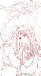 Rule 34 | 1boy, 1girl, absurdres, aged down, baihua er, bead necklace, beads, branch, child, chinese clothes, dao mu bi ji, face-to-face, flower, from behind, hair beads, hair flower, hair ornament, highres, holding, holding flower, jewelry, lineart, long hair, monochrome, mother and son, necklace, shirt, short hair, tibetan clothes, zhang qiling