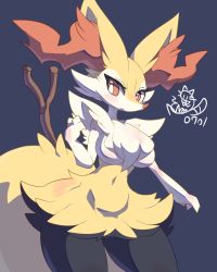 Rule 34 | 1girl, absurdres, animal ear fluff, animal ears, blue background, blush, braixen, breasts, bright pupils, commentary, contrapposto, cowboy shot, creatures (company), curvy, dated, fox ears, fox tail, furry, furry female, game freak, gen 6 pokemon, hand up, highres, large breasts, light frown, looking at viewer, navel, nintendo, no humans, nyaswitchnya, outstretched arm, pokemon, pokemon (creature), red eyes, red nose, signature, simple background, solo, stick, symbol-only commentary, tail, thick thighs, thighs, tsurime, wide hips