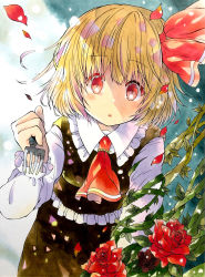 Rule 34 | 1girl, absurdres, black skirt, black vest, blonde hair, commentary request, cowboy shot, flower, fork, frills, hair ribbon, highres, holding, holding fork, leaning forward, long sleeves, looking at viewer, marker (medium), petals, red eyes, red neckwear, red ribbon, ribbon, rose, rose petals, rumia, shirt, short hair, skirt, solo, thorns, touhou, traditional media, vest, white shirt, yuzugoori