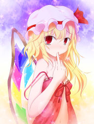 Rule 34 | 1girl, blonde hair, female focus, finger to mouth, flandre scarlet, flat chest, hat, highres, lingerie, navel, negligee, nipples, red eyes, see-through, short hair, side ponytail, solo, strap slip, tengeiji, touhou, underwear