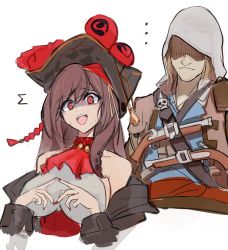 Rule 34 | ..., 1boy, 1girl, antique firearm, assassin&#039;s creed (series), assassin&#039;s creed iv: black flag, azur lane, blunderbuss, breasts, edward kenway, faceless, faceless male, firearm, gun, hat, highres, jacket, long sleeves, marshall k, open clothes, open jacket, pirate, pirate hat, red eyes, royal fortune (azur lane), scared, shaded face, sweat, tentacle hair, weapon