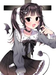 Rule 34 | 1girl, belt collar, black bow, black hair, black nails, blush, bow, collar, cross, demon tail, dress, earrings, fang, highres, indie virtual youtuber, jewelry, long hair, long sleeves, looking at viewer, moenaomii, moenaomii (artist), multicolored hair, open mouth, pink hair, skin fang, smile, solo, tail, virtual youtuber