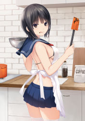 Rule 34 | 1girl, :q, aoyama sumika, apron, back, bare arms, bare shoulders, bikini, bikini top only, black bikini, black hair, blue skirt, bowl, breasts, brown eyes, closed mouth, coffee-kizoku, cowboy shot, from behind, highres, holding, looking at viewer, looking back, medium breasts, miniskirt, mixing bowl, neckerchief, original, pleated skirt, sailor collar, short hair, skirt, smile, solo, spatula, standing, string bikini, swimsuit, thighhighs, thighs, tongue, tongue out, valentine, white thighhighs, zettai ryouiki