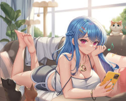 Rule 34 | 1girl, :3, absurdres, animal, aqua nails, ass, bare legs, bare shoulders, barefoot, blue hair, blurry, blurry background, blurry foreground, blush, bokeh, bracelet, braid, breasts, camisole, cat, cellphone, cleavage, closed mouth, collarbone, commentary request, couch, curtains, day, depth of field, dolphin shorts, feet, feet up, fingernails, focused, full body, grey camisole, hair ornament, hairclip, hand on own cheek, hand on own face, head rest, highres, holding, holding phone, indoors, jewelry, large breasts, long hair, looking at viewer, lying, medium breasts, mole, mole under eye, musical note, nail polish, necklace, nolan, off shoulder, on couch, on stomach, original, phone, plant, purple eyes, shirt, unworn shirt, shorts, sidelocks, simple background, smartphone, smile, soles, solo, strap slip, sunlight, the pose, throw pillow, toes, white shirt, window