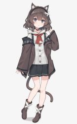 1girl animal_ears ascot black_skirt boots brown_footwear brown_hair brown_jacket cat_ears cat_girl cat_tail full_body grey_hair highres hood hood_down hoodie jacket long_sleeves miniskirt off_shoulder open_clothes open_jacket original satou_(3366_s) short_hair skirt sleeves_past_wrists tail