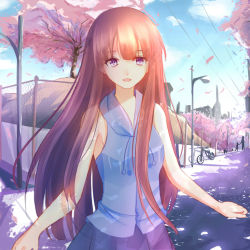 Rule 34 | 1girl, :d, brown hair, casual, cherry blossoms, highres, long hair, looking at viewer, open mouth, original, petals, purple eyes, road, shigure s, smile, solo focus, spring (season), street, tree, wind