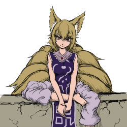 Rule 34 | 1girl, alternate costume, animal ears, blonde hair, breasts, breasts squeezed together, crack, cracked wall, eyelashes, facing viewer, feet, fox ears, fox tail, kitsune, looking at viewer, miata (miata8674), no headwear, no shoes, on wall, orange eyes, pants, sitting, smile, solo, tabard, tail, touhou, wall, yakumo ran