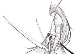Rule 34 | 1boy, bandaged arm, bandages, dual wielding, from side, holding, holding sword, holding weapon, lc.kid, league of legends, long hair, male focus, mask, unworn mask, simple background, sketch, solo, sword, topless male, weapon, white background, yone (league of legends)