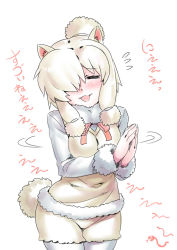 Rule 34 | 10s, 1girl, alpaca ears, alpaca suri (kemono friends), alpaca tail, animal ears, blonde hair, blush, cowboy shot, closed eyes, flying sweatdrops, fur-trimmed sleeves, fur collar, fur trim, hair over one eye, hands up, kemono friends, long hair, long sleeves, open mouth, own hands together, pantyhose, pantyhose under shorts, shorts, simple background, smile, solo, standing, sweater vest, tail, tukiwani, upper body, white background