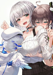 Rule 34 | 3girls, ahoge, amane kanata, amane kanata (work), angel wings, arms up, beret, black ribbon, black skirt, blouse, blue eyes, blue hair, blush, braid, breast smother, breasts, brown hair, cat hair ornament, choker, cleavage, collarbone, colored inner hair, commentary request, crop top, face to breasts, grabbing, grabbing another&#039;s breast, green eyes, hair between eyes, hair ornament, hair ribbon, hat, heart, heart ahoge, highres, hololive, large breasts, midriff, multicolored hair, multiple girls, myung yi, natsuiro matsuri, navel, off-shoulder shirt, off shoulder, open mouth, orange shirt, plaid, plaid skirt, ribbed sweater, ribbon, shirogane noel, shirogane noel (casual), shirt, short hair, side ponytail, silver hair, simple background, skirt, snowflake necklace, surprised, sweater, tearing up, virtual youtuber, w arms, wavy mouth, white background, white sweater, wings, yuri