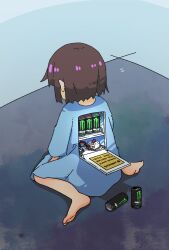 Rule 34 | 1girl, absurdres, barefoot, blue background, blue shirt, brown hair, cake, cake slice, commentary, energy drink, english text, engrish text, facing away, food, from above, from behind, full body, highres, kani aji, kani aji-chan, long sleeves, mechanical parts, monster energy, no pants, original, oversized clothes, oversized shirt, ranguage, robot girl, shadow, shirt, short hair, sign, sitting, solo, strawberry shortcake, sushi, wariza