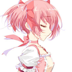 Rule 34 | 1girl, bad id, bad pixiv id, bow, breasts, closed eyes, commentary, dress, ears visible through hair, from side, hair bow, hair ribbon, highres, kaname madoka, kaname madoka (magical girl), mahou shoujo madoka magica, mahou shoujo madoka magica (anime), misteor, multicolored clothes, multicolored dress, pink bow, pink hair, pink ribbon, puffy short sleeves, puffy sleeves, ribbon, short hair, short sleeves, simple background, small breasts, solo, upper body, white background