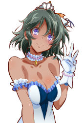 Rule 34 | 1girl, armband, bad id, bad pixiv id, bare shoulders, bead bracelet, bead necklace, beads, bracelet, breasts, cleavage, closed mouth, collarbone, dark-skinned female, dark green hair, dark skin, green hair, hair between eyes, hand up, head tilt, highres, idolmaster, idolmaster cinderella girls, idolmaster cinderella girls starlight stage, jewelry, looking at viewer, medium breasts, natalia (idolmaster), necklace, ngv3553, purple eyes, short hair, simple background, smile, solo, starry sky bright, strapless, tiara, upper body, white background
