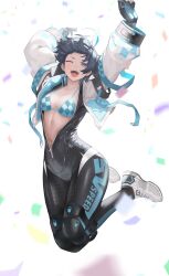 Rule 34 | 1girl, arc2urus, black bodysuit, black survival, blue eyes, blue gloves, blue hair, bodysuit, gloves, highres, looking at viewer, navel, solo, thighs, white background