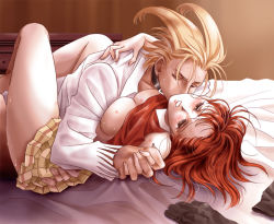 Rule 34 | 1boy, 1girl, bed, blonde hair, blush, breasts, clothed sex, clothes lift, collar, closed eyes, gloves, gustaf, holding hands, hetero, indoors, kiss, missionary, no bra, on bed, primiera, red hair, saga, saga frontier 2, sex, shirt lift, skirt, square enix, sweat