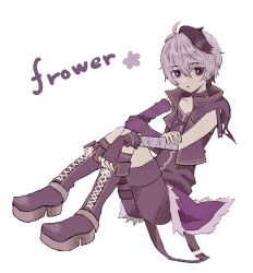 Rule 34 | 1girl, androgynous, ao shirokuro, arm warmers, bandaged arm, bandages, boots, closed mouth, collar, collarbone, commentary, english text, engrish text, fingerless gloves, flower, flower (vocaloid), flower (vocaloid4), fur-trimmed skirt, fur trim, gloves, hand on own arm, highres, jacket, multicolored hair, open clothes, open jacket, purple arm warmers, purple collar, purple eyes, purple flower, purple footwear, purple gloves, purple hair, purple jacket, purple shirt, purple shorts, purple skirt, ranguage, shirt, short hair, shorts, simple background, single arm warmer, sitting, skirt, sleeveless, sleeveless jacket, solo, streaked hair, striped arm warmers, tomboy, vocaloid, white background, white hair