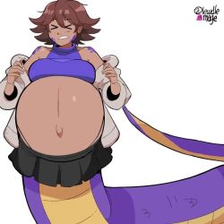 Rule 34 | &gt; &lt;, 1girl, anger vein, animated, artist name, big belly, breasts, brown hair, dark skin, inflation, lamia, midriff, monster girl, musical note, noodlemage, scales, skirt, tagme, video, vore, white background, yellow eyes