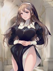 Rule 34 | 1girl, blue eyes, blush, breasts, chowbie, commentary, cross, cross necklace, habit, highres, jewelry, large breasts, light brown hair, long hair, necklace, no panties, nun, open mouth, original, own hands together, resolution mismatch, revision, side slit, solo, source larger, thighs, veil