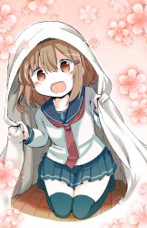 Rule 34 | 10s, 1girl, :d, absurdres, anchor symbol, black thighhighs, blanket, blush, brown eyes, brown hair, commentary request, fang, floral background, hair ornament, hairclip, highres, ikazuchi (kancolle), kantai collection, looking at viewer, neckerchief, open mouth, pleated skirt, red neckerchief, school uniform, seiza, serafuku, shiro9jira, short hair, sitting, skirt, smile, solo, thighhighs, wooden floor