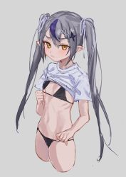 Rule 34 | 1girl, bikini, black bikini, breasts, closed mouth, clothes lift, frown, grey background, grey hair, hair ornament, highres, hololive, la+ darknesss, long hair, looking at viewer, misekiss, multicolored hair, navel, pointy ears, shirt, shirt lift, short sleeves, sidelocks, simple background, small breasts, solo, streaked hair, swimsuit, twintails, v-shaped eyebrows, virtual youtuber, white shirt, yellow eyes