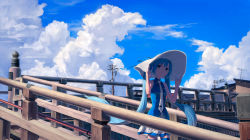 Rule 34 | 1girl, absurdres, aqua eyes, bare shoulders, blue hair, blue shirt, blue sky, blue theme, blue thighhighs, building, cloud, commentary, cowboy shot, day, english commentary, hat, hatsune miku, highres, holding, holding clothes, holding hat, large hat, light smile, long hair, miniskirt, mixed-language commentary, necktie, outdoors, pleated skirt, pocari sweat, scenery, shirt, skirt, sky, sleeveless, sleeveless shirt, solo, stairs, summer, thighhighs, turu, twintails, utility pole, very long hair, vocaloid, white hat, white necktie, white skirt, zettai ryouiki