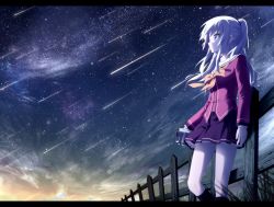 Rule 34 | 10s, 1girl, blue eyes, camcorder, charlotte (anime), fence, goribote, gradient background, letterboxed, long hair, looking afar, meteor shower, night, night sky, school uniform, serafuku, shooting star, silver hair, sky, solo, star (sky), starry sky, tomori nao, twintails, two side up, video camera, wooden fence
