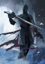 Rule 34 | armor, bloodborne, cape, character request, covered face, faulds, full armor, helmet, highres, holding, holding sword, holding weapon, long hair, miso katsu, rapier, red cape, signature, snow, solo, standing, sword, weapon, white hair