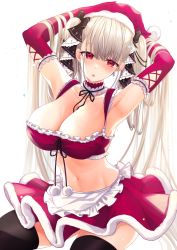 Rule 34 | 1girl, apron, armpits, arms behind head, arms up, azur lane, bandeau, between breasts, black bow, black ribbon, black thighhighs, blunt bangs, blush, bow, breasts, choker, cleavage, commentary request, earrings, elbow gloves, expressionless, eyebrows, formidable (azur lane), frilled apron, frilled choker, frilled gloves, frills, gloves, hair bow, hair ribbon, hat, head tilt, highres, jewelry, large breasts, long hair, midriff, multicolored bow, multicolored choker, navel, open mouth, parted lips, platinum blonde hair, pom pom (clothes), red bandeau, red choker, red eyes, red gloves, red hat, red skirt, ribbon, santa costume, santa hat, simple background, skirt, solo, string, teltelhousi, thighhighs, thighs, twintails, very long hair, white apron, white background, white bow, white choker, zettai ryouiki