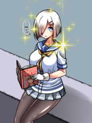 Rule 34 | 10s, 1boy, 1girl, black pantyhose, blue eyes, book, breasts, closed eyes, gloves, hair ornament, hair over one eye, hairclip, hamakaze (kancolle), kantai collection, large breasts, looking at viewer, neckerchief, open book, pantyhose, pleated skirt, school uniform, serafuku, short hair, short sleeves, silver hair, simple background, sitting, skirt, smile, solo, sparkle, translation request, uniform, white gloves, yellow neckerchief, yokai (yokai0401)