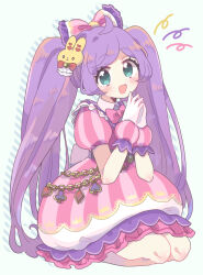 Rule 34 | 1girl, :d, aeruusa, ahoge, blush, bow, chain, collared jacket, dress, frilled dress, frills, full body, green eyes, hair bow, hair ornament, heart, jacket, long hair, looking at viewer, manaka laala, open mouth, own hands together, pink bow, pink dress, pretty series, pripara, puffy short sleeves, puffy sleeves, purple hair, rabbit hair ornament, short sleeves, simple background, sitting, smile, solo, striped clothes, striped dress, twintails, very long hair